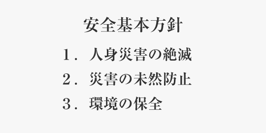 安全基本方針 １．人身災害の絶滅２．災害の未然防止３．環境の保全